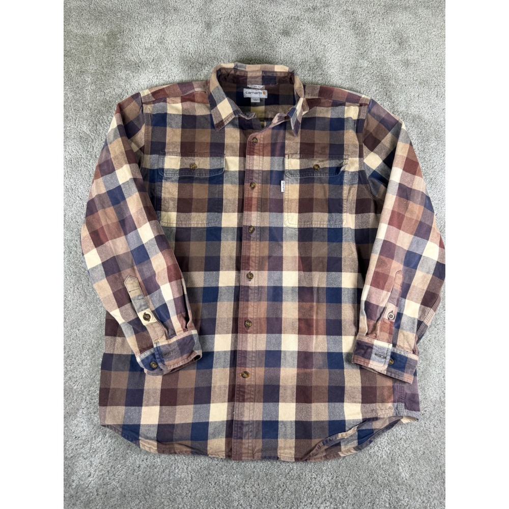 Carhartt Mens Plaid Flannel Shirt L Original Fit Brown Navy Blue 101749 235